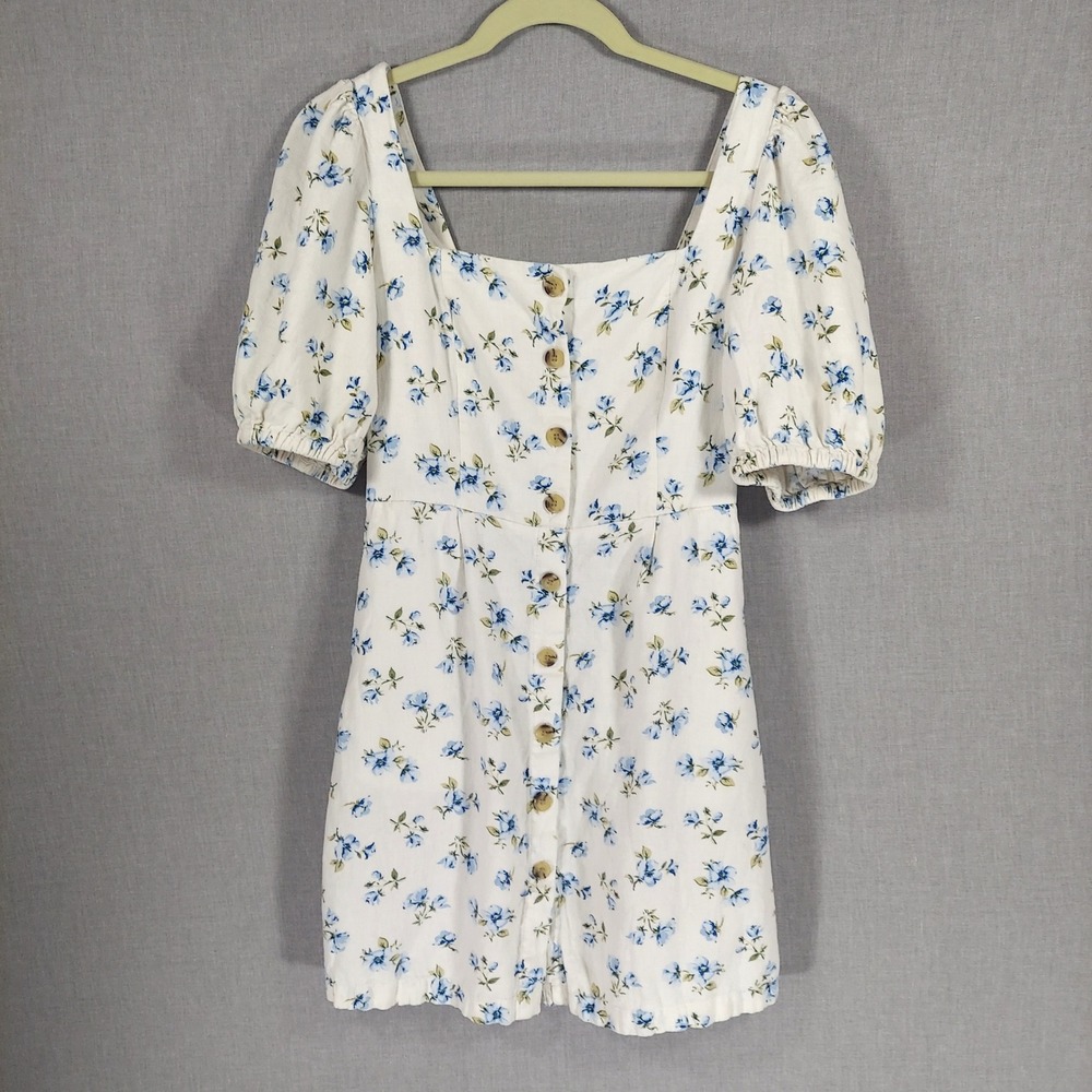 Old Navy‎ S Linen Blend Blue Floral Milkmaid Mini Dress Smocked Pockets Puff